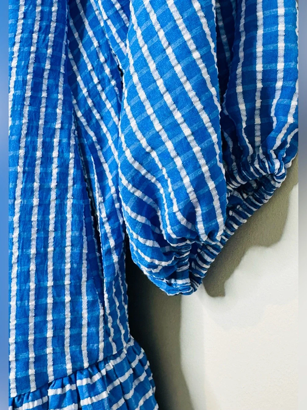 LDT Rachel Ruffle Seersucker Blue White Mini Dress NWT - Picture 10 of 15
